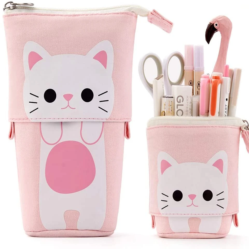 ShopPeekatoy™ Cartoon Cute Cat Pencil Pouch Canvas Pen Bag Standing Stationery Case Holder Box for Student