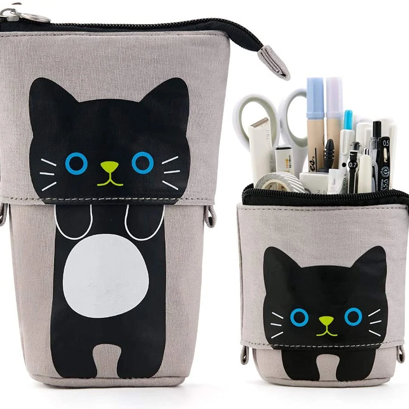 ShopPeekatoy™ Cartoon Cute Cat Pencil Pouch Canvas Pen Bag Standing Stationery Case Holder Box for Student