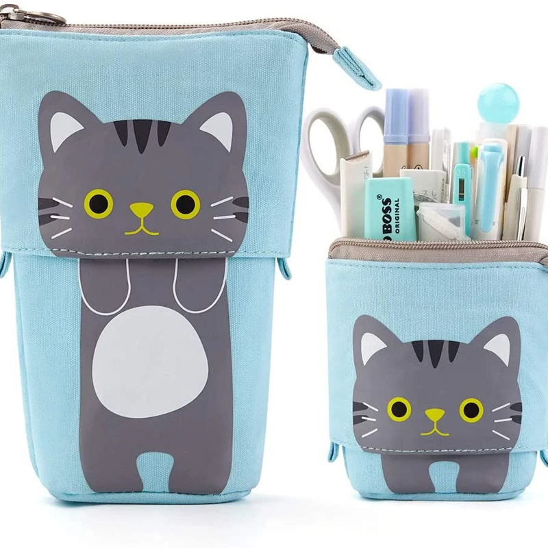 ShopPeekatoy™ Cartoon Cute Cat Pencil Pouch Canvas Pen Bag Standing Stationery Case Holder Box for Student