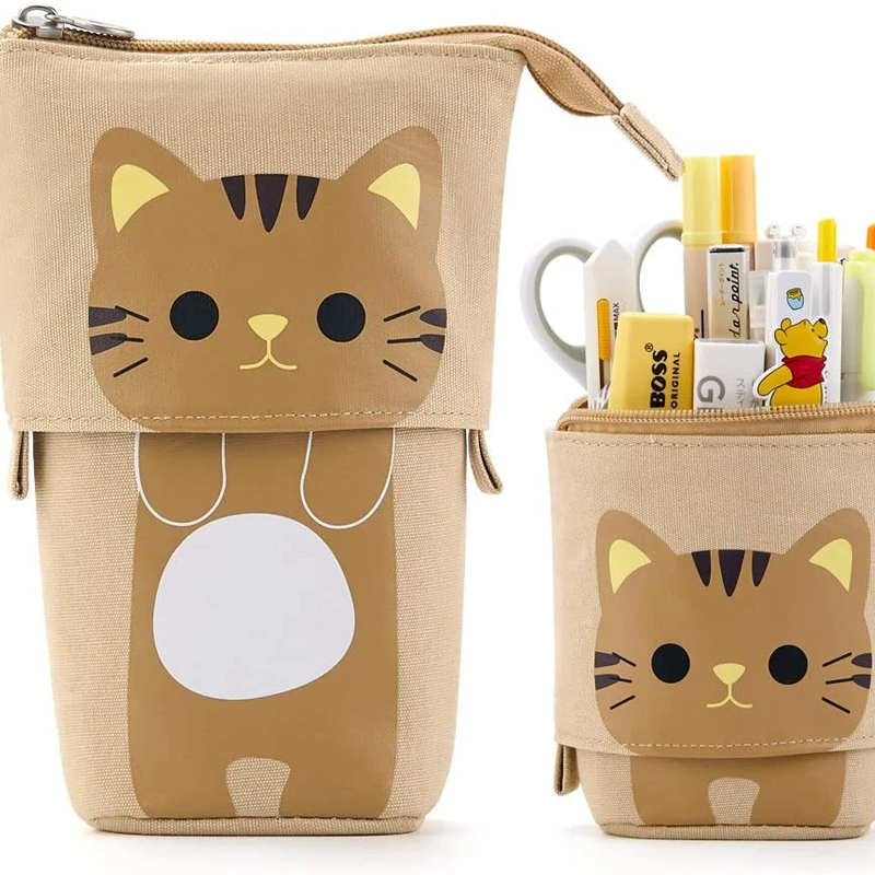 ShopPeekatoy™ Cartoon Cute Cat Pencil Pouch Canvas Pen Bag Standing Stationery Case Holder Box for Student