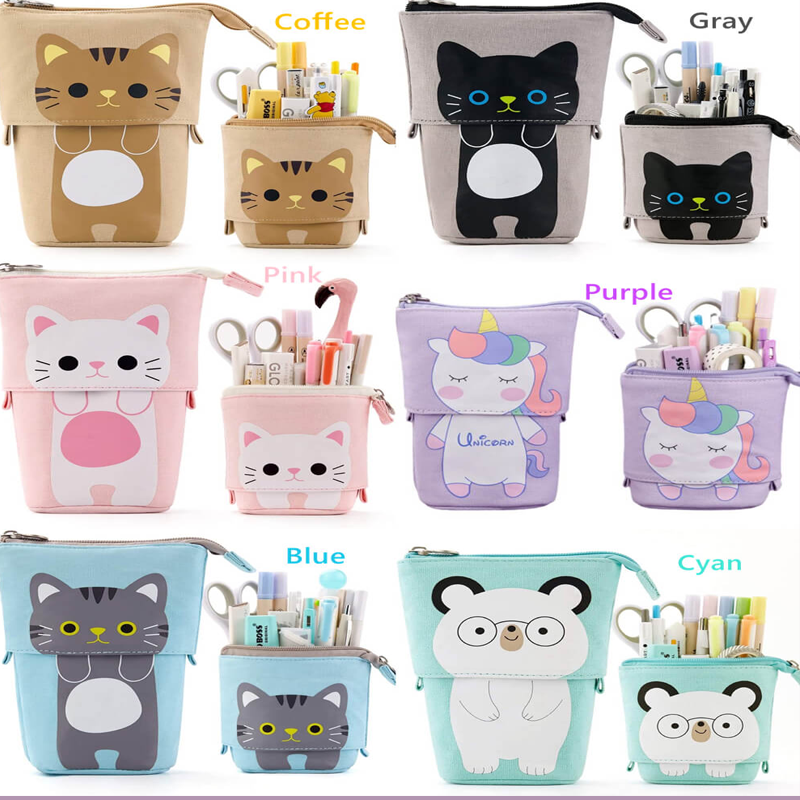 ShopPeekatoy™ Cartoon Cute Cat Pencil Pouch Canvas Pen Bag Standing Stationery Case Holder Box for Student