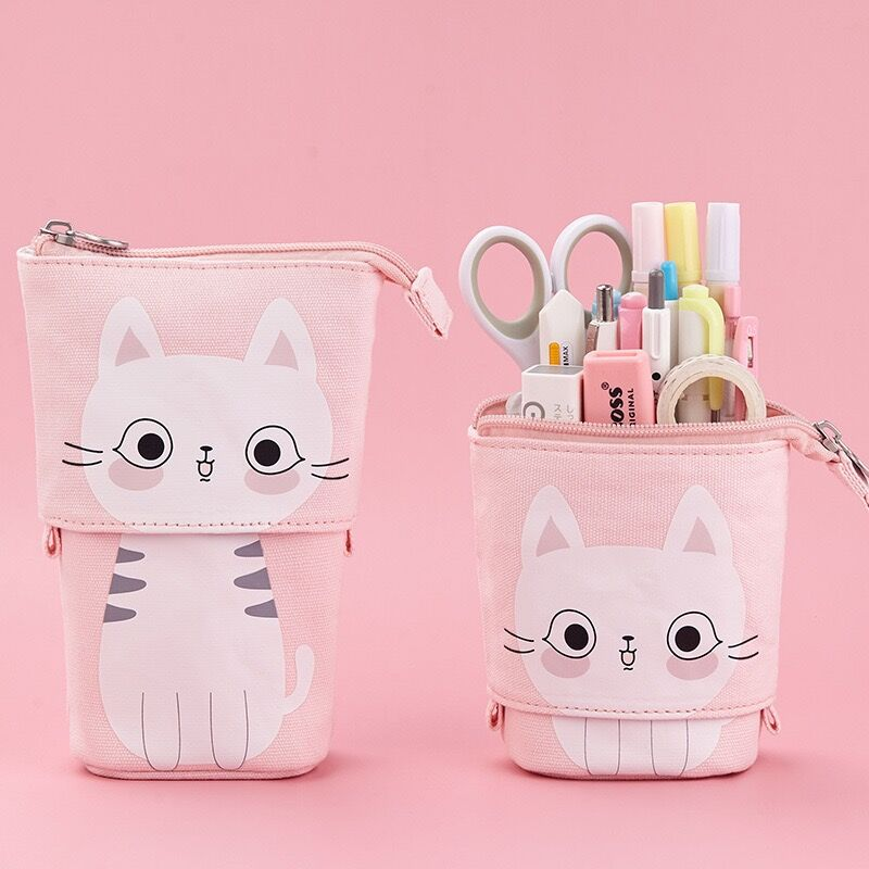 ShopPeekatoy™ Cartoon Cute Cat Pencil Pouch Canvas Pen Bag Standing Stationery Case Holder Box for Student