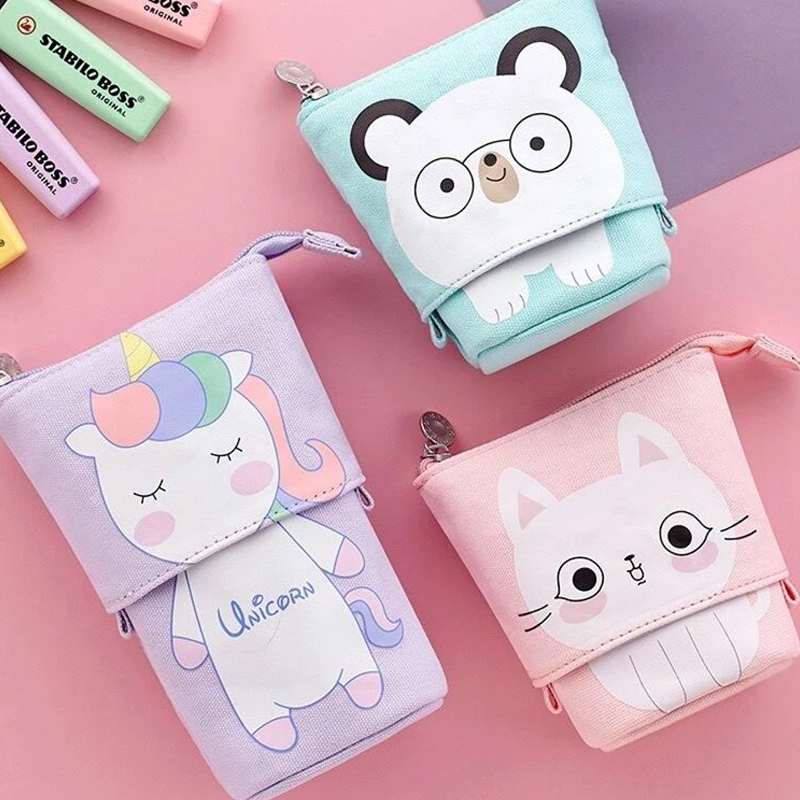 ShopPeekatoy™ Cartoon Cute Cat Pencil Pouch Canvas Pen Bag Standing Stationery Case Holder Box for Student