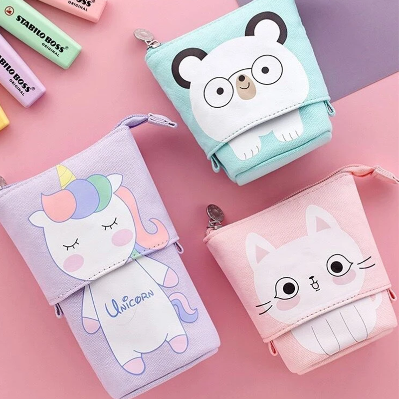 ShopPeekatoy™ Cartoon Cute Cat Pencil Pouch Canvas Pen Bag Standing Stationery Case Holder Box for Student