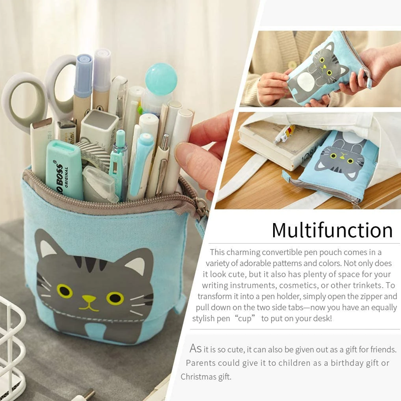 ShopPeekatoy™ Cartoon Cute Cat Pencil Pouch Canvas Pen Bag Standing Stationery Case Holder Box for Student